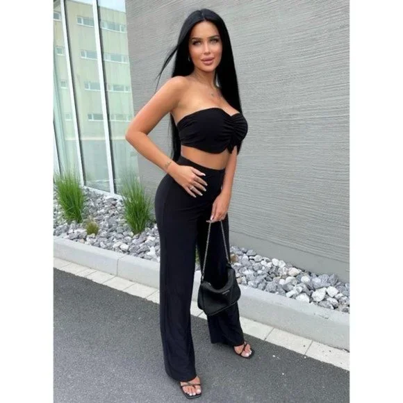 Black Ruched Strapless Crop Top and High Waist Wide Leg Pants Two Piece Set - Picture 6 of 8